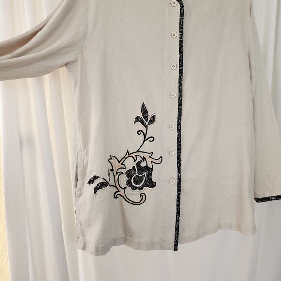 Koos Of Course Womens Linen Jacket  L Neutral Tan Beige Lightweight Embroidered - Picture 6 of 13